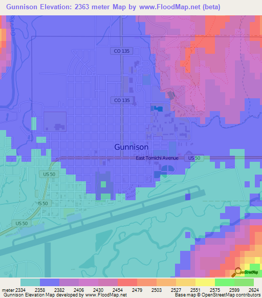 Gunnison,US Elevation Map