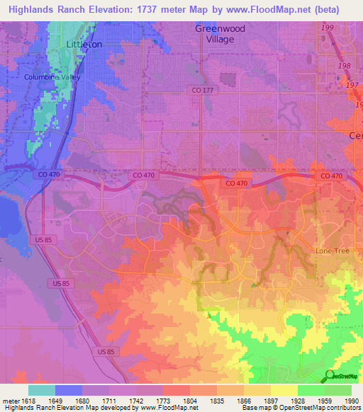 Highlands Ranch,US Elevation Map