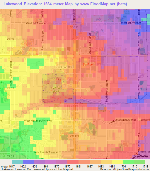 Lakewood,US Elevation Map