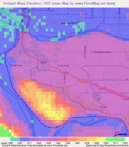 Orchard Mesa,US Elevation Map