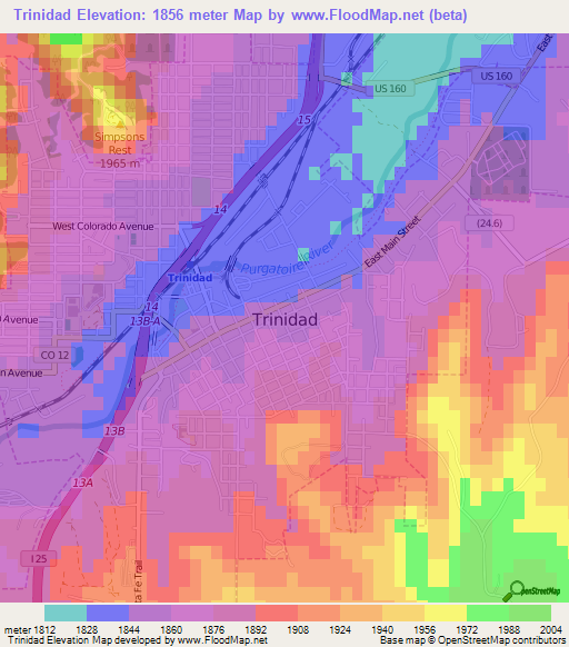 Trinidad,US Elevation Map