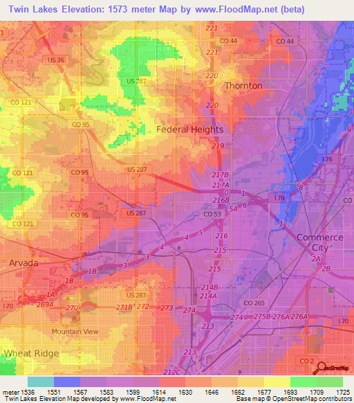 Twin Lakes,US Elevation Map