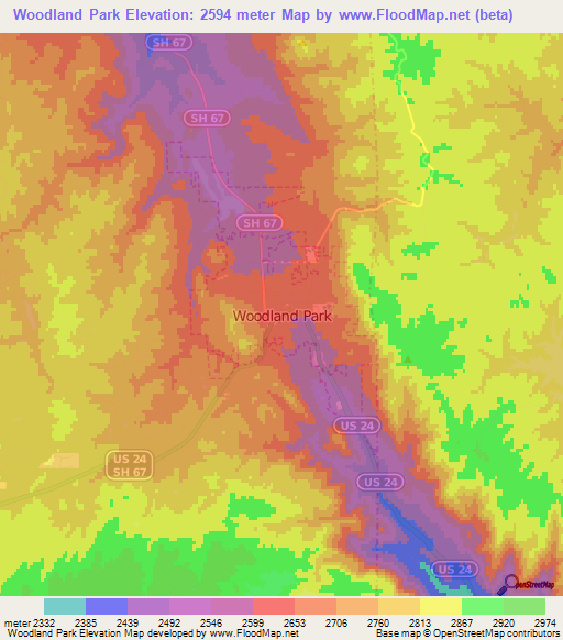 Woodland Park,US Elevation Map