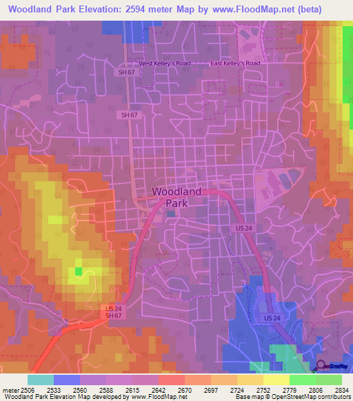 Woodland Park,US Elevation Map