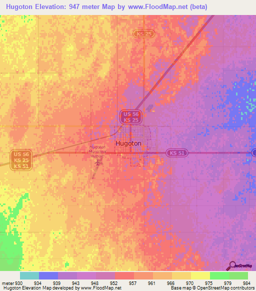 Hugoton,US Elevation Map