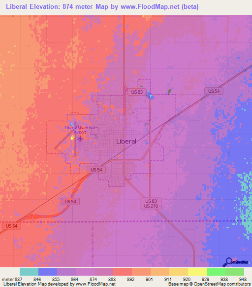 Liberal,US Elevation Map