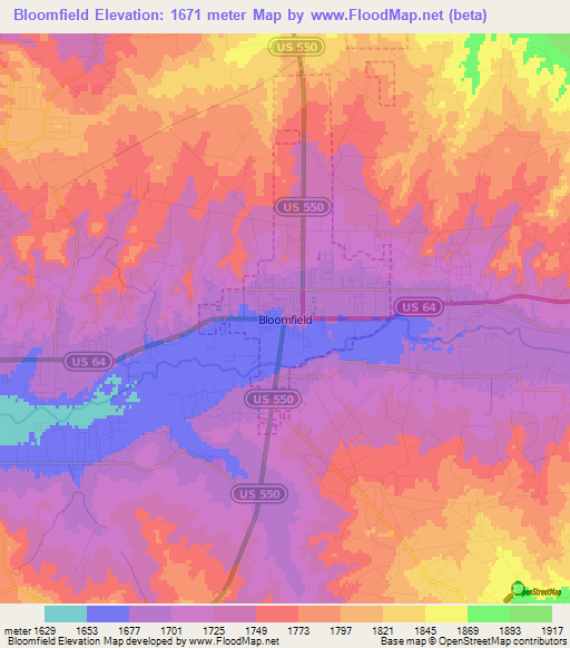 Bloomfield,US Elevation Map