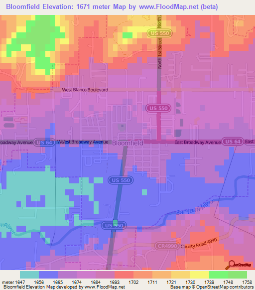 Bloomfield,US Elevation Map