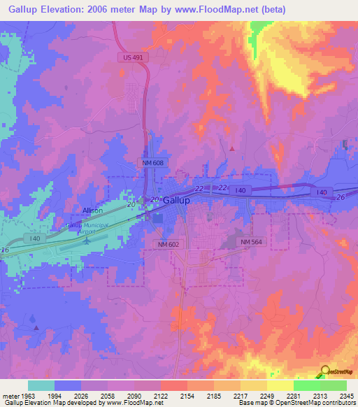 Gallup,US Elevation Map