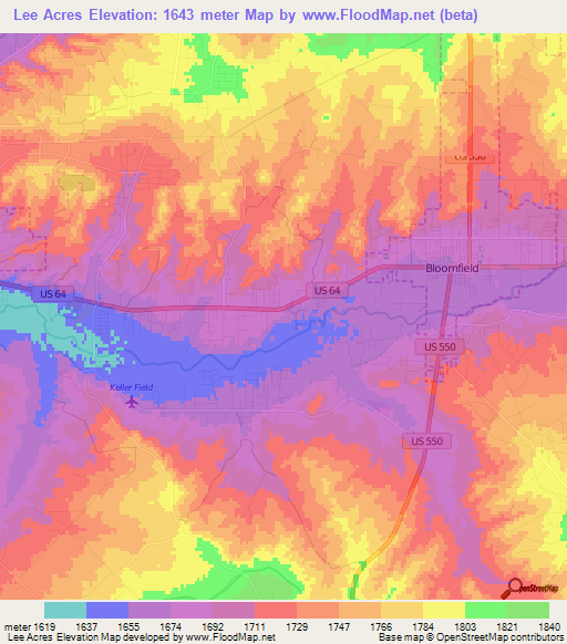 Lee Acres,US Elevation Map