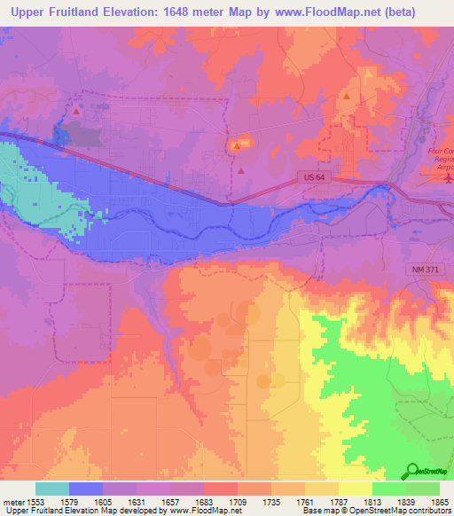 Upper Fruitland,US Elevation Map