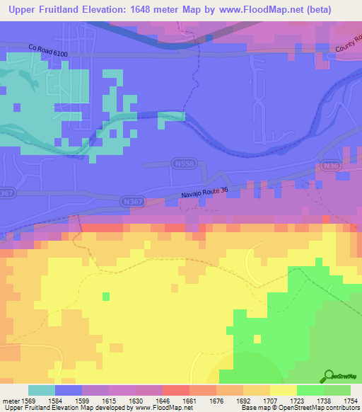 Upper Fruitland,US Elevation Map