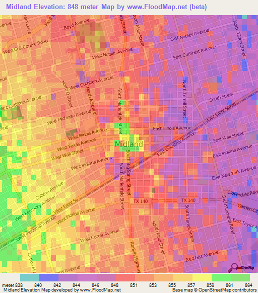 Midland,US Elevation Map