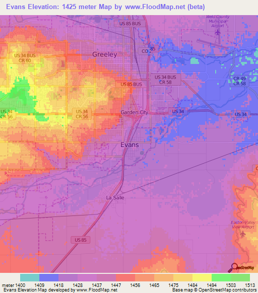 Evans,US Elevation Map