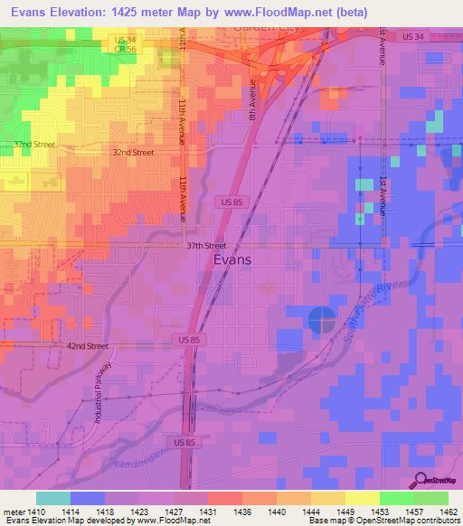 Evans,US Elevation Map