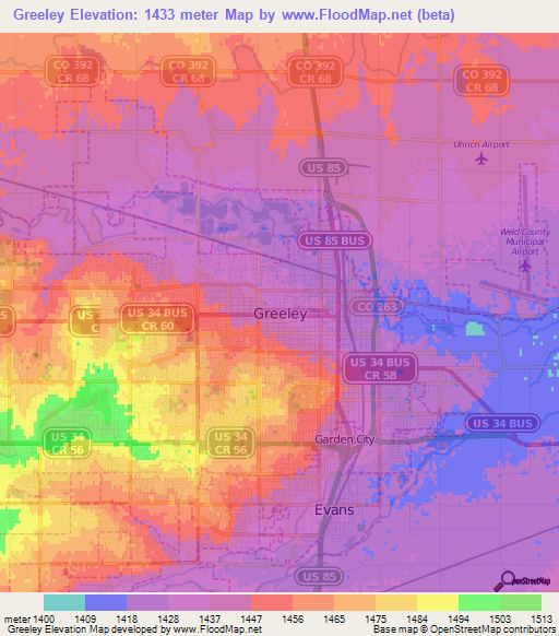 Greeley,US Elevation Map