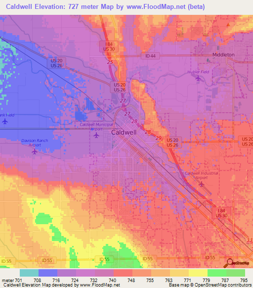 Caldwell,US Elevation Map