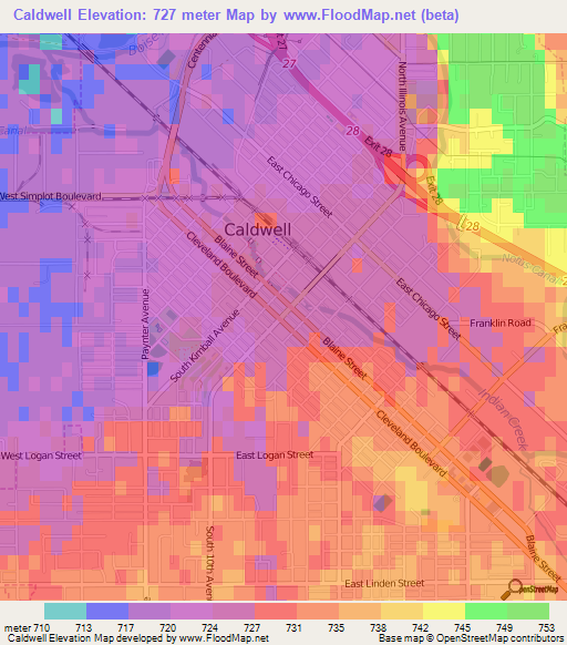 Caldwell,US Elevation Map