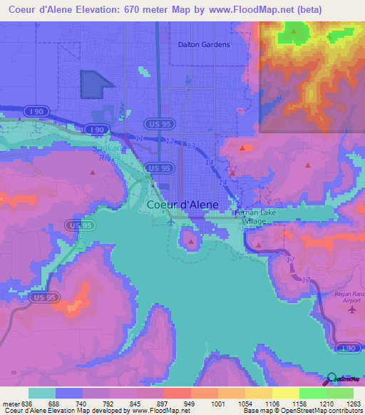 Coeur d'Alene,US Elevation Map