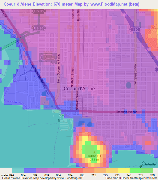 Coeur d'Alene,US Elevation Map