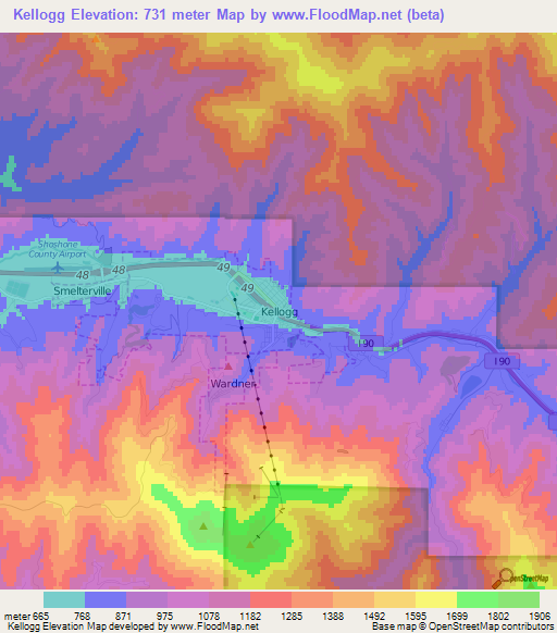 Kellogg,US Elevation Map