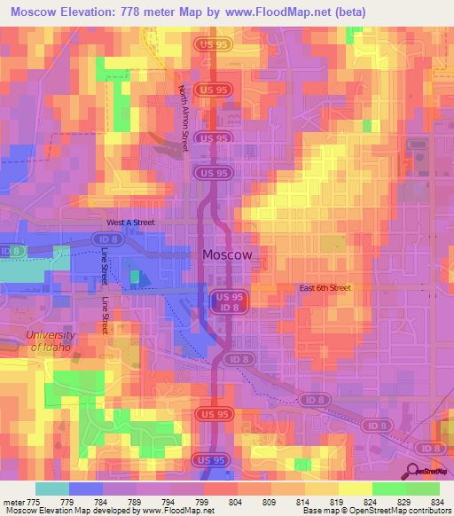 Moscow,US Elevation Map