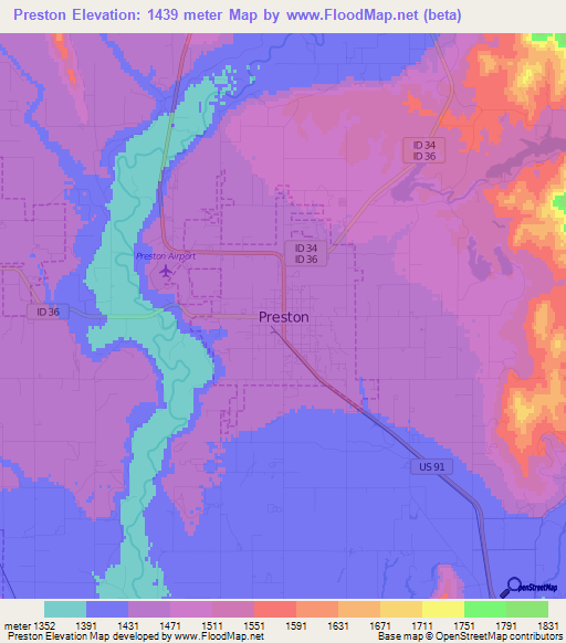 Preston,US Elevation Map