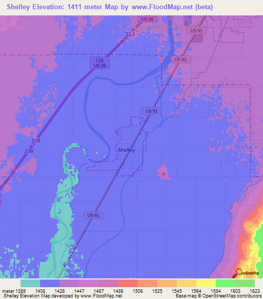 Shelley,US Elevation Map