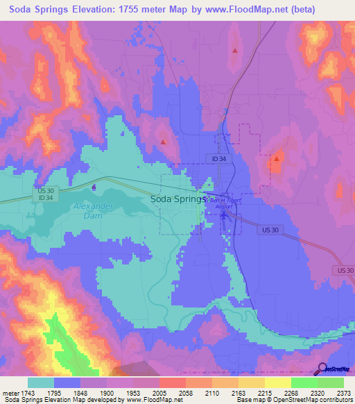 Soda Springs,US Elevation Map