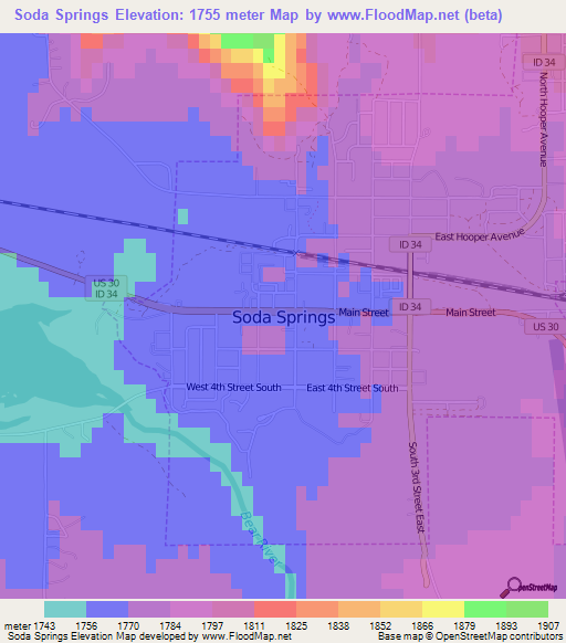 Soda Springs,US Elevation Map