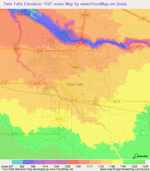 Twin Falls,US Elevation Map