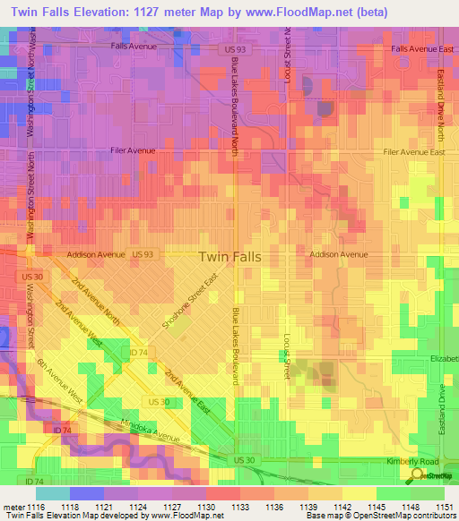 Twin Falls,US Elevation Map