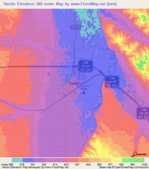 Hardin,US Elevation Map