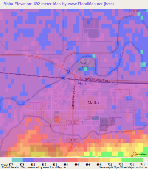 Malta,US Elevation Map