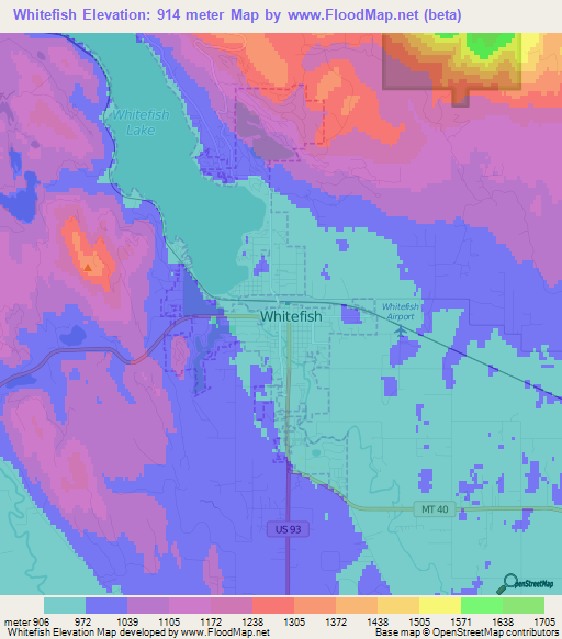 Whitefish,US Elevation Map