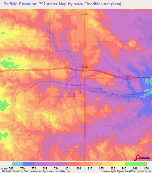 Belfield,US Elevation Map