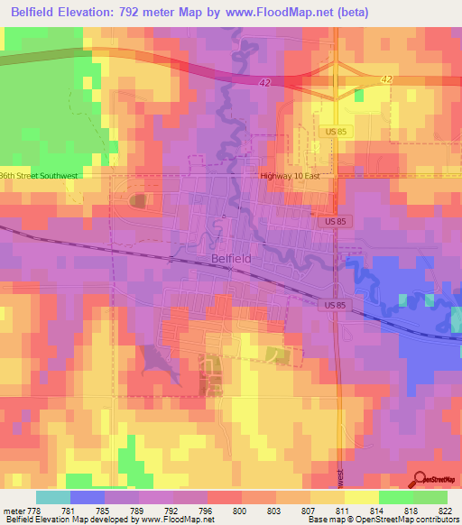 Belfield,US Elevation Map