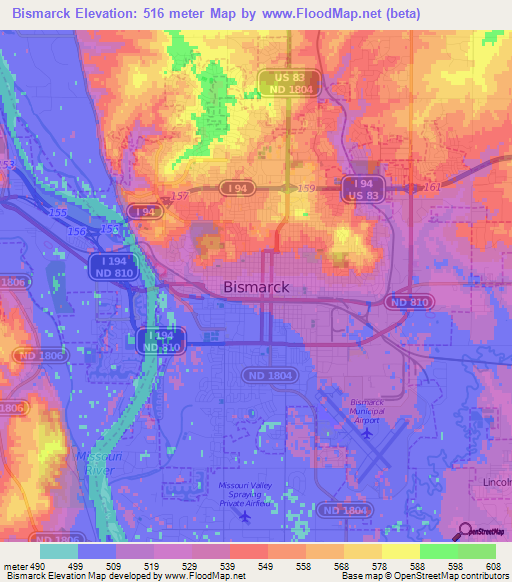 Bismarck,US Elevation Map