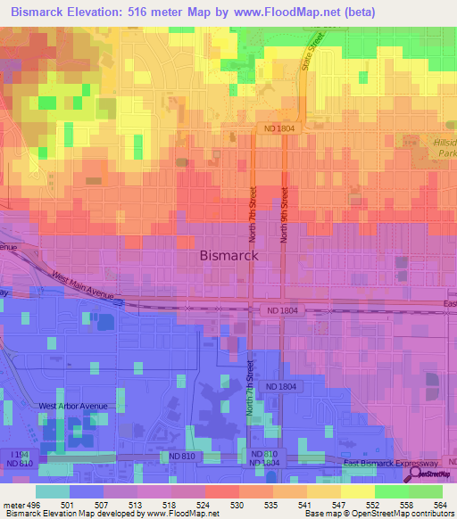 Bismarck,US Elevation Map