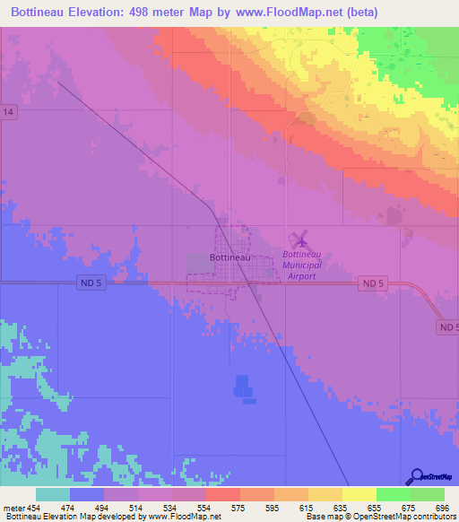 Bottineau,US Elevation Map