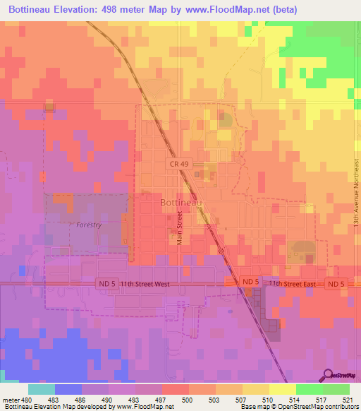 Bottineau,US Elevation Map