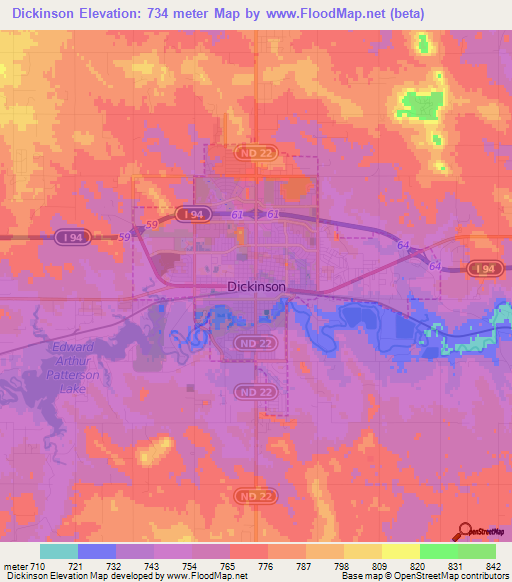 Dickinson,US Elevation Map