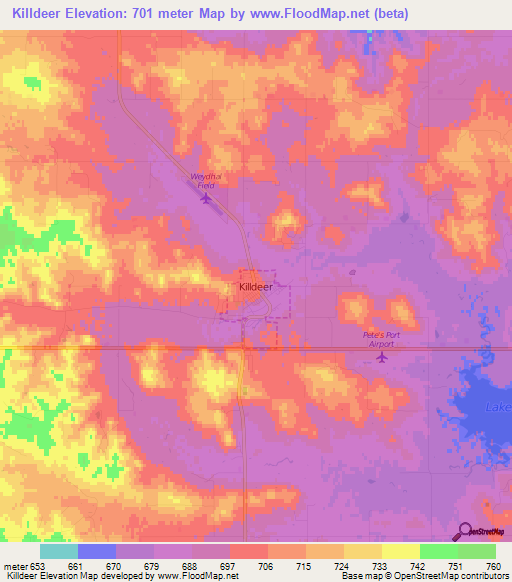 Killdeer,US Elevation Map