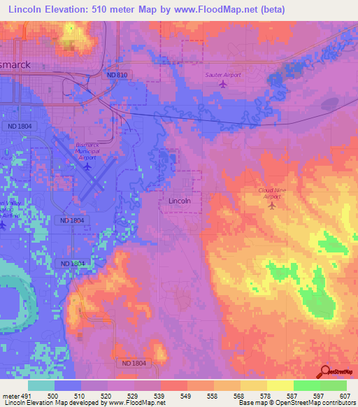 Lincoln,US Elevation Map