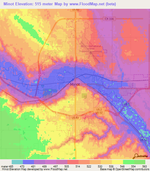 Minot,US Elevation Map