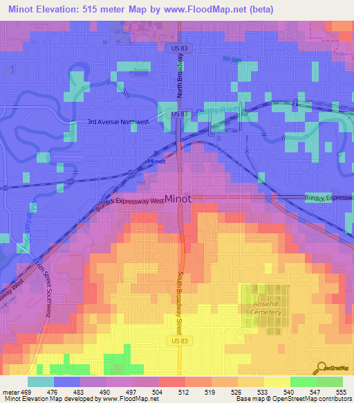 Minot,US Elevation Map