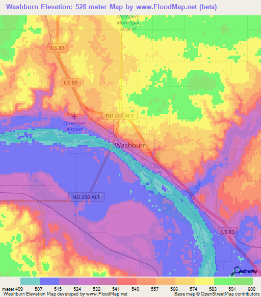 Washburn,US Elevation Map