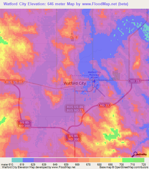 Watford City,US Elevation Map