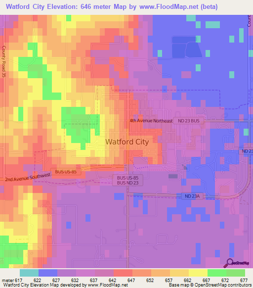 Watford City,US Elevation Map