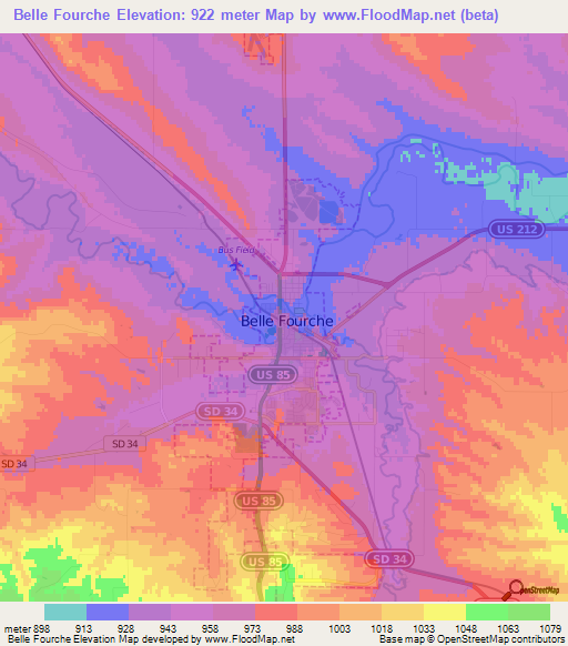 Belle Fourche,US Elevation Map